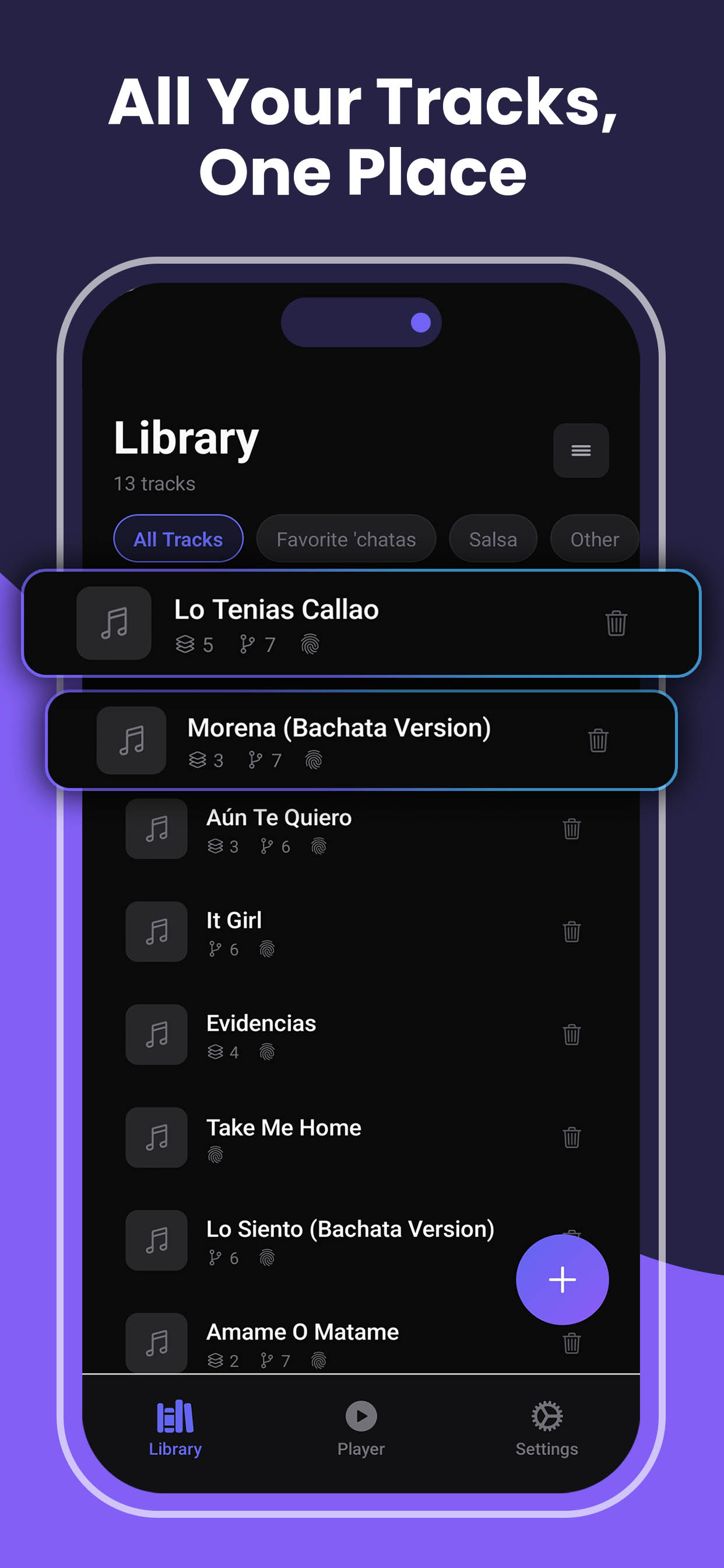 SMTC music library showing imported dance tracks organized by playlist with section and stem counts per song
