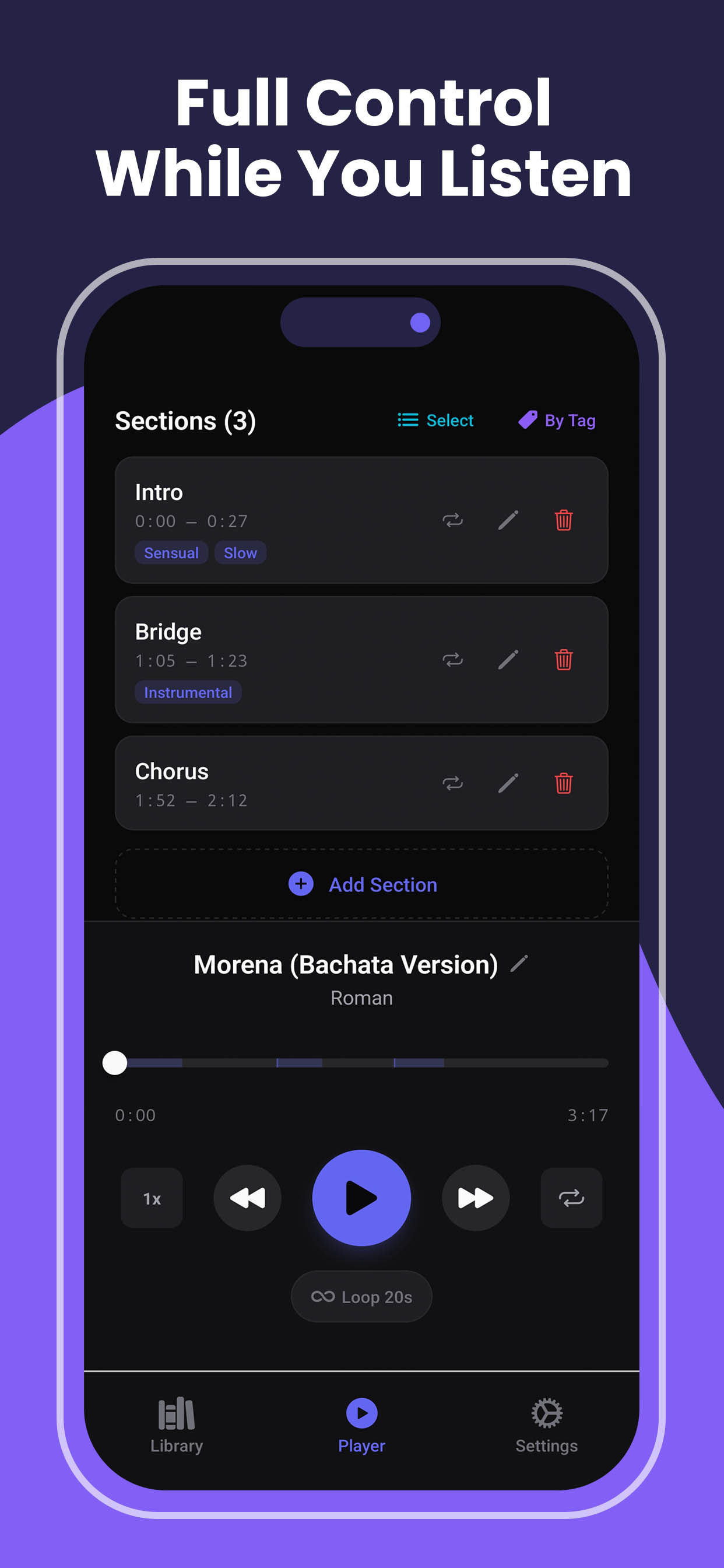 SMTC player screen showing named song sections with Intro, Bridge, and Chorus tags, waveform timeline, loop and speed controls for dance practice