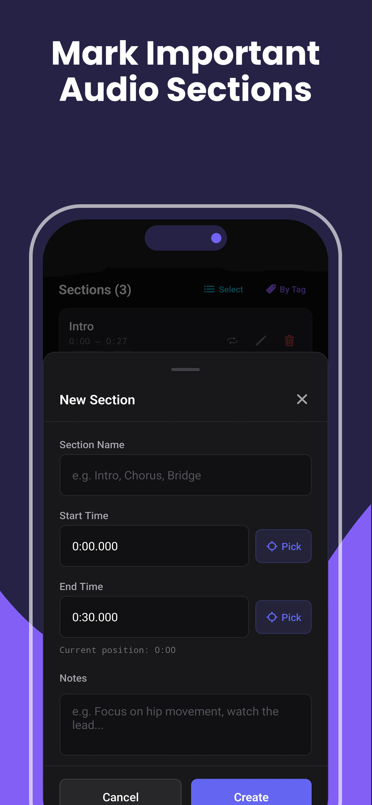 SMTC new section creation form with section name, start time, end time, pick-from-playback buttons, and practice notes field