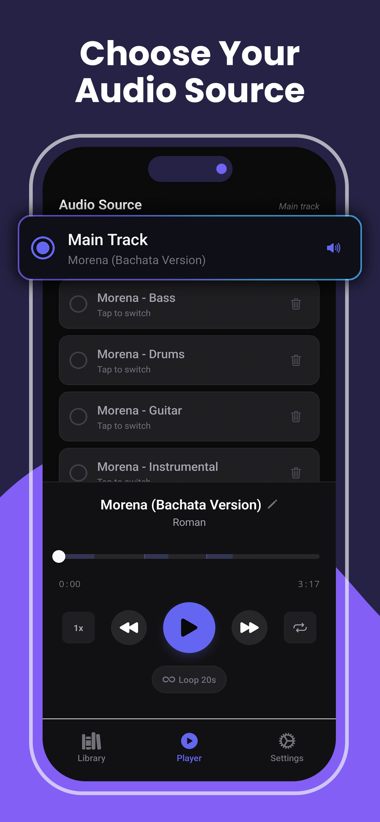 SMTC audio source selector showing separated stems — bass, drums, guitar, instrumental, and main track for isolating instruments during dance practice