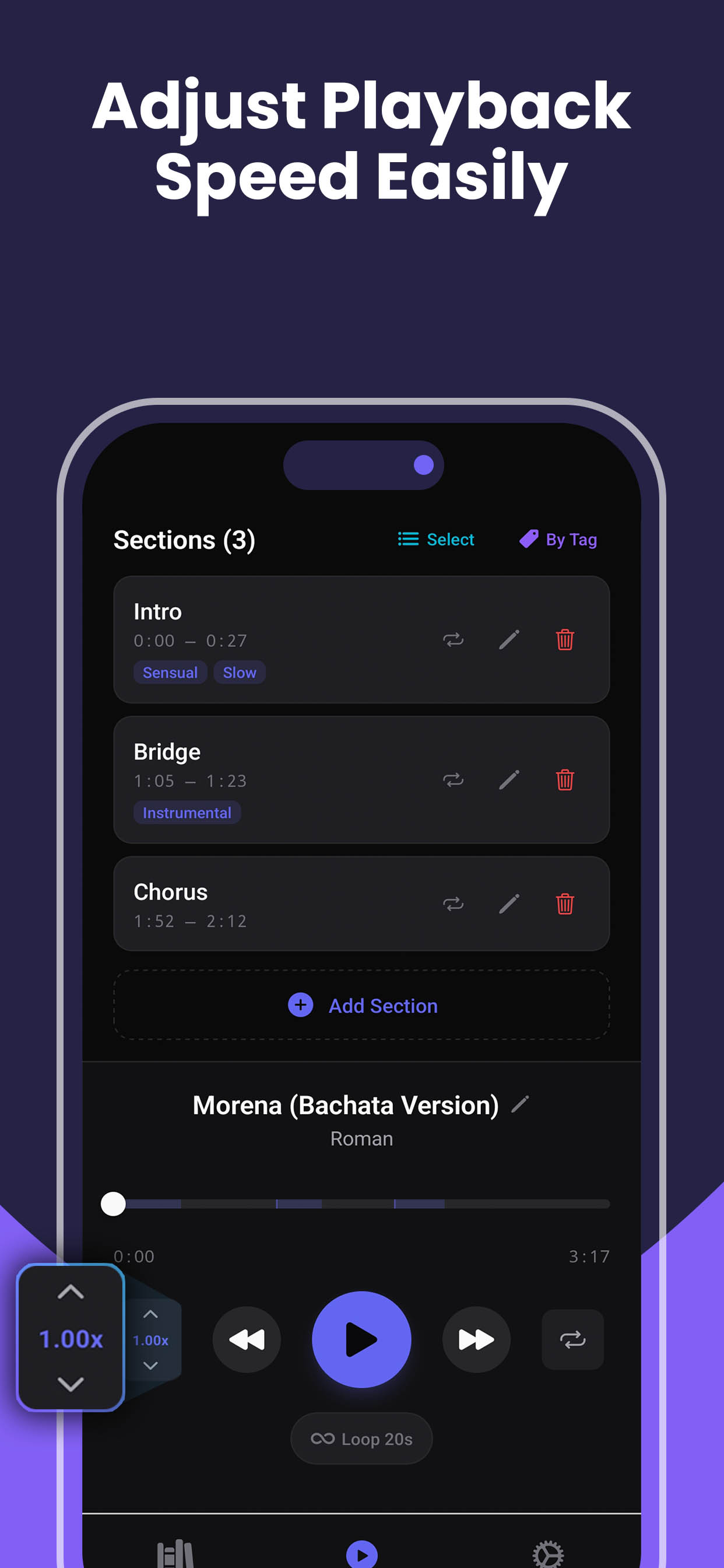 SMTC playback speed control interface allowing dancers to slow down or speed up music from 50 percent to 150 percent