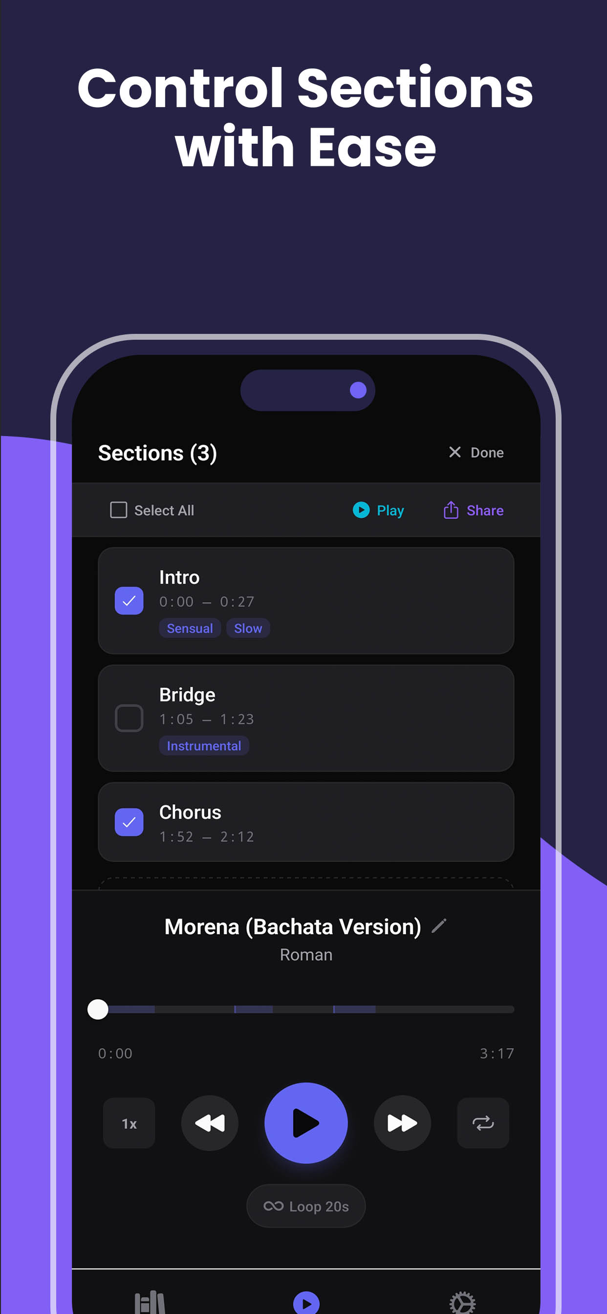 SMTC multi-select sections interface with checkboxes for batch play and share actions across Intro, Bridge, and Chorus